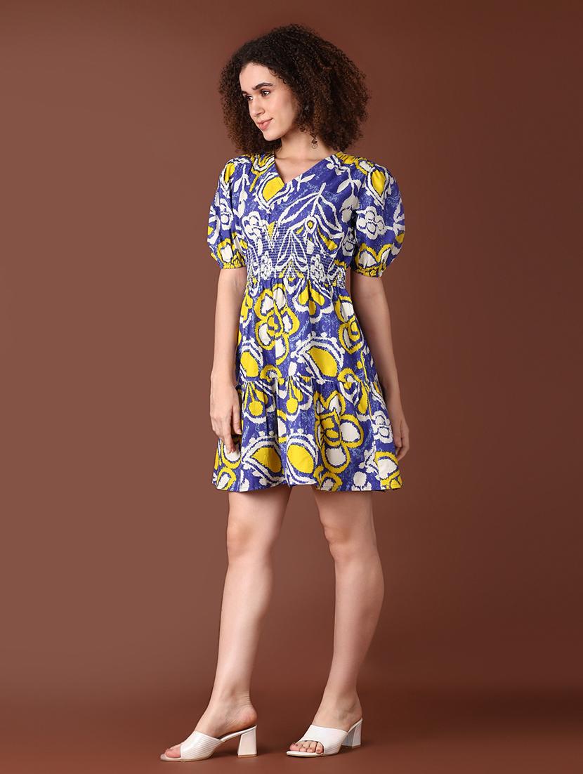 women blue printed puff sleeve tiered dress - 21572219 - Standard Image - 1