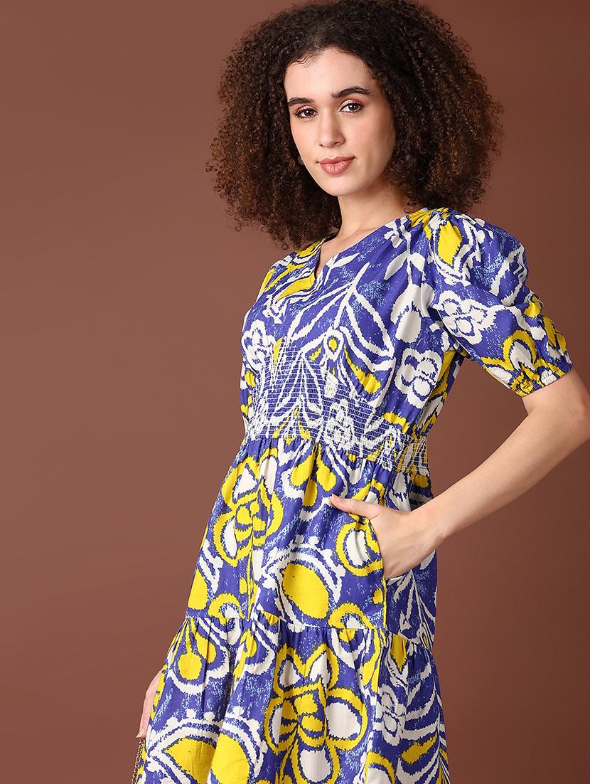 women blue printed puff sleeve tiered dress - 21572219 - Standard Image - 4
