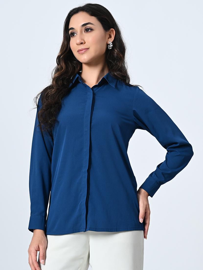 women teal blue plain long sleeve formal shirt - 21572419 -  Standard Image - 1