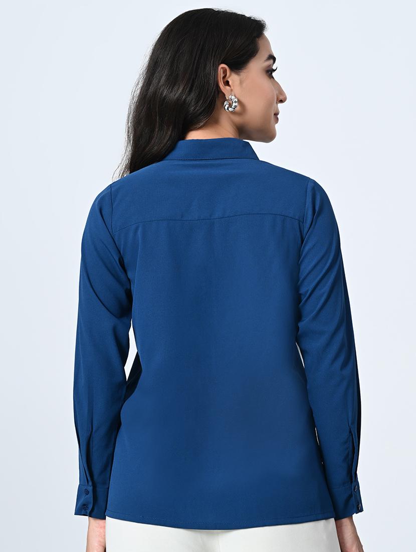women teal blue plain long sleeve formal shirt - 21572419 - Standard Image - 4