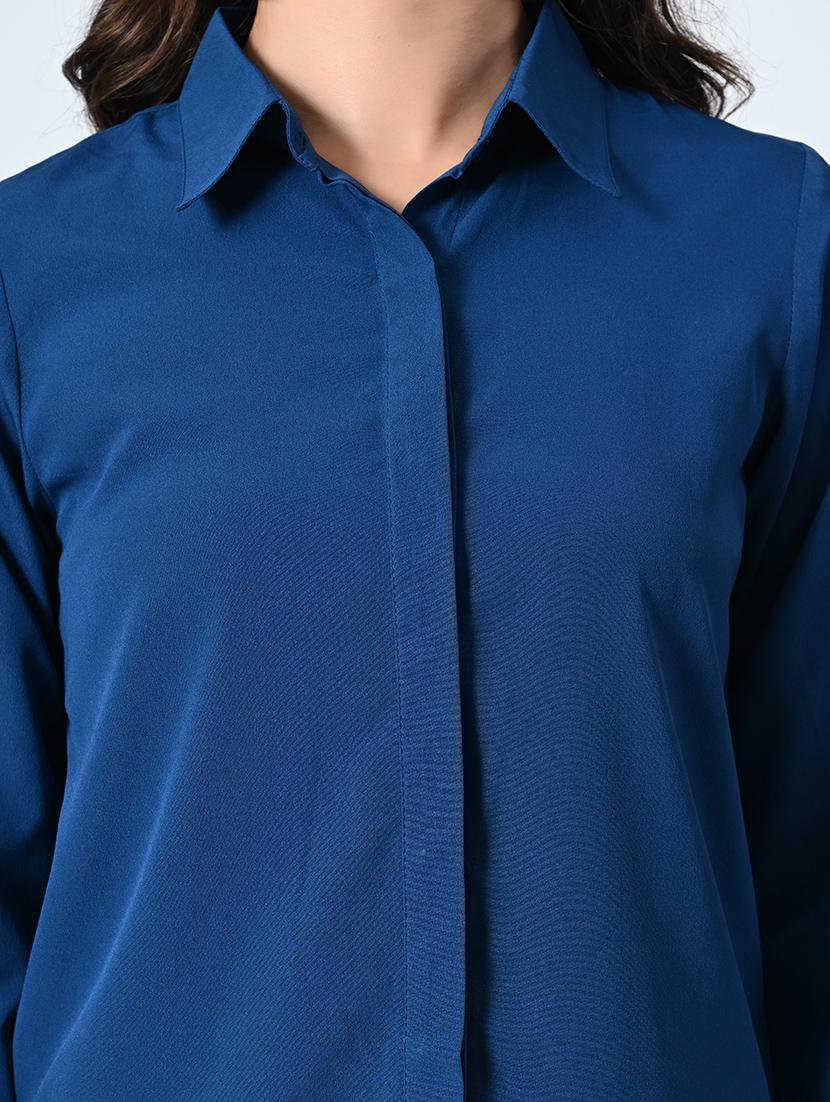 women teal blue plain long sleeve formal shirt - 21572419 - Standard Image - 6