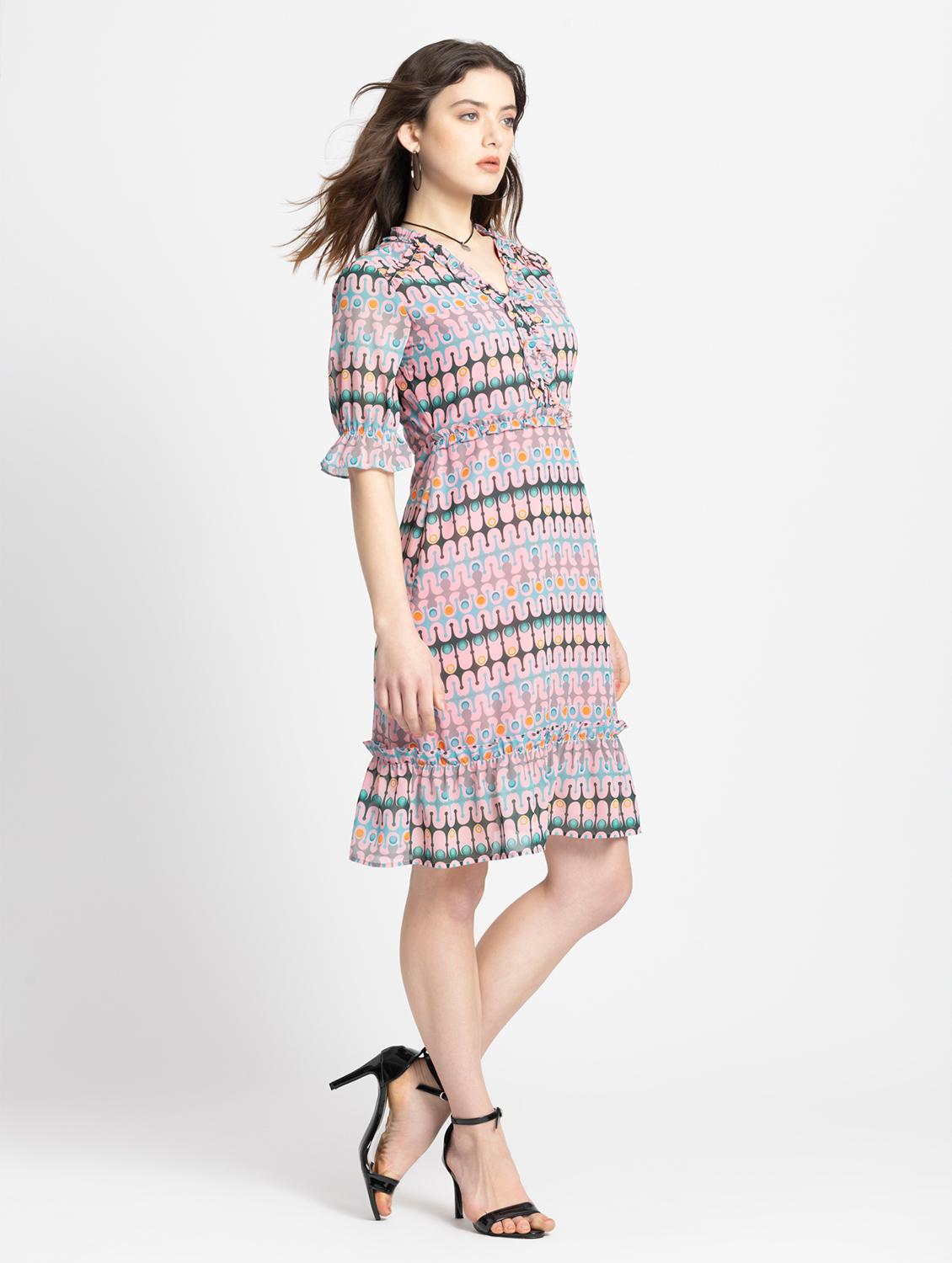 women printed v-neck a-line dress - 21572761 - Standard Image - 1