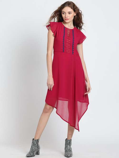 women solid lace detailed asymmetric dress - 21572773 - Standard Image - 0