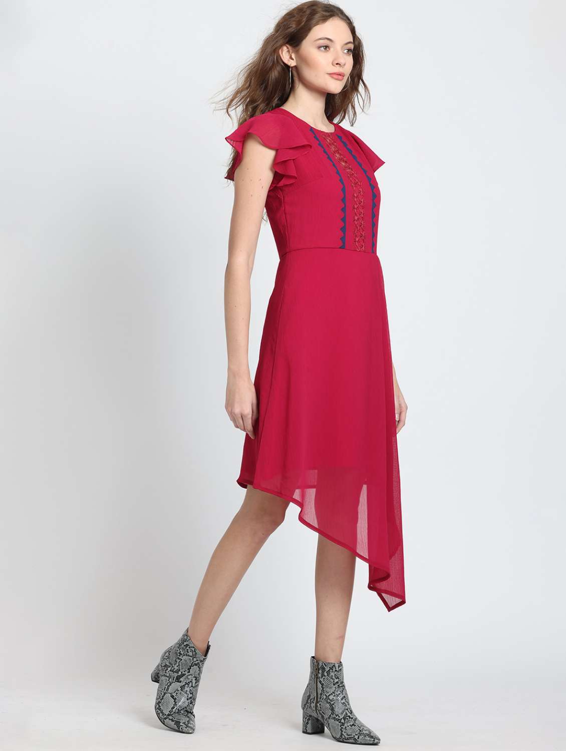 women solid lace detailed asymmetric dress - 21572773 - Standard Image - 1