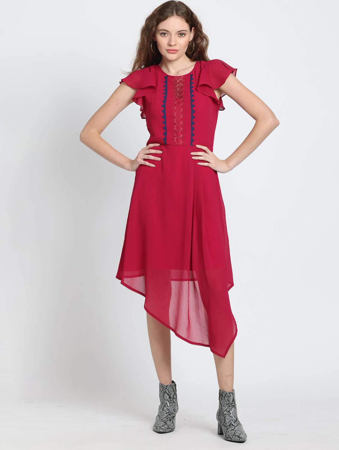 women solid lace detailed asymmetric dress - 21572773 - Standard Image - 4
