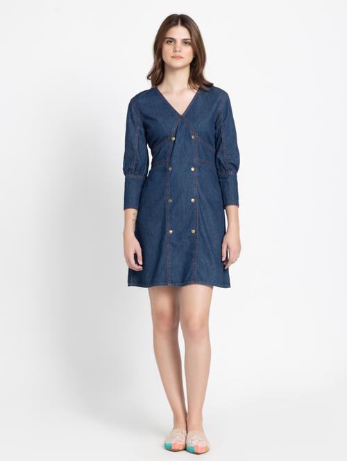 women solid denim a-line dress - 21572903 -  Standard Image - 0