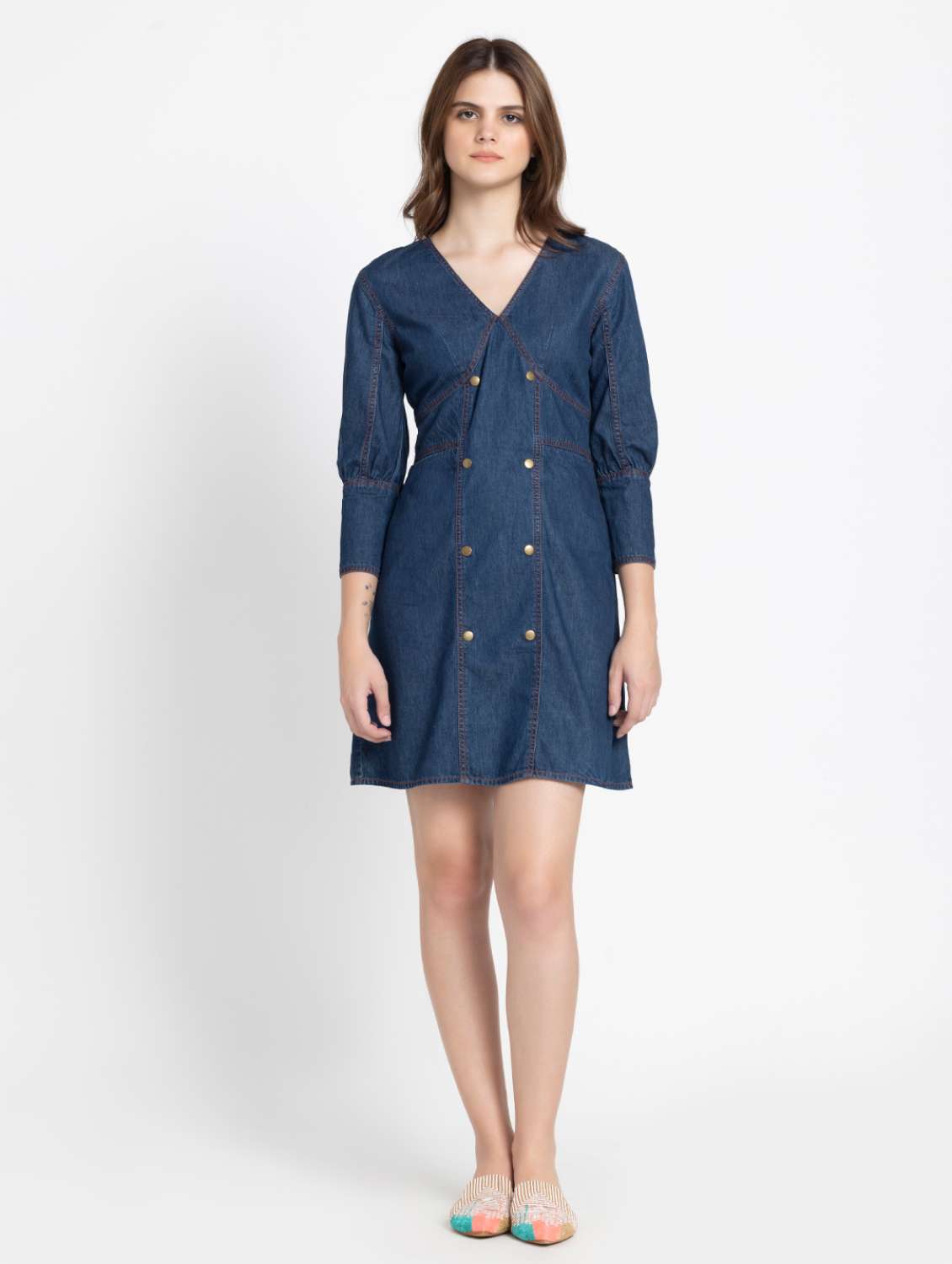 women solid denim a-line dress - 21572903 -  Zoom Image - 0