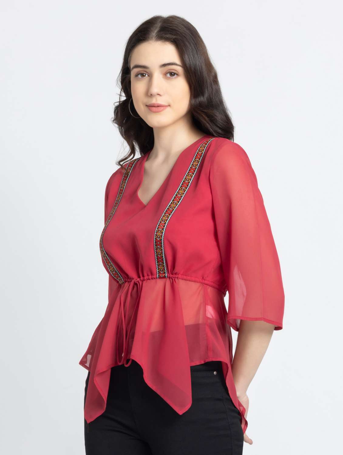 women red solid asymmetric v neck top - 21572974 - Standard Image - 1