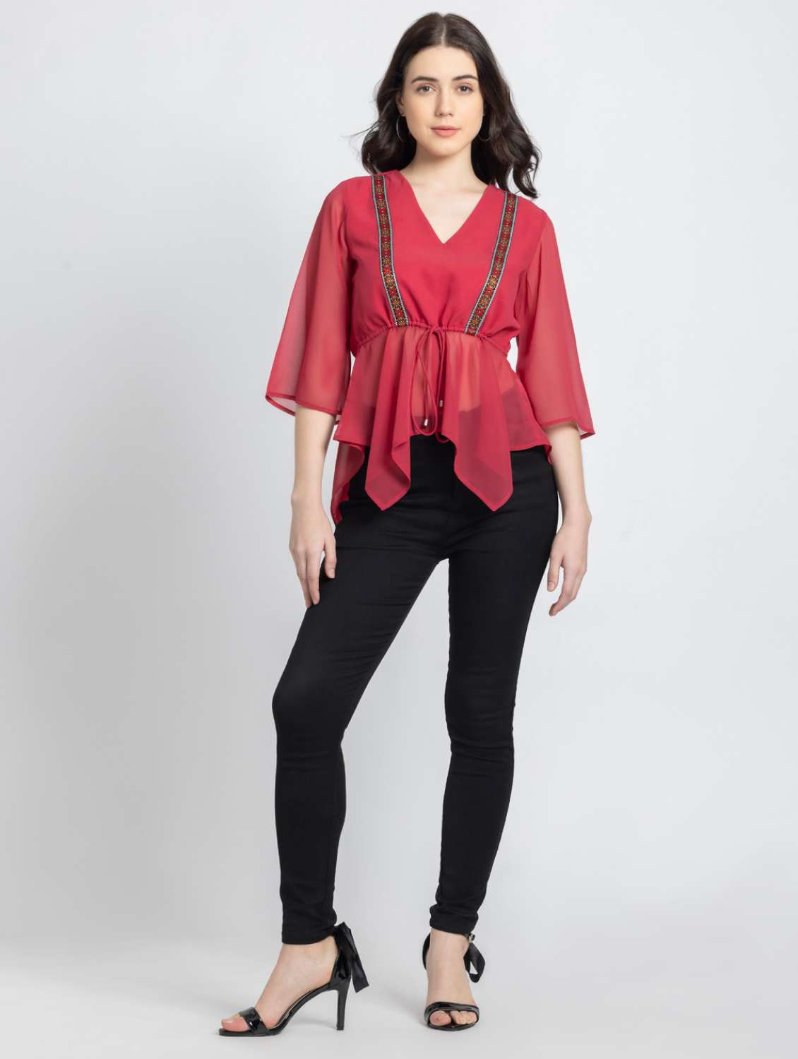 women red solid asymmetric v neck top - 21572974 - Standard Image - 4