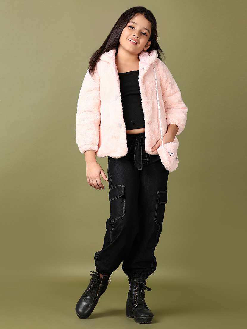 girls solid hooded long sleeve fur acket - 21573082 -  Standard Image - 4