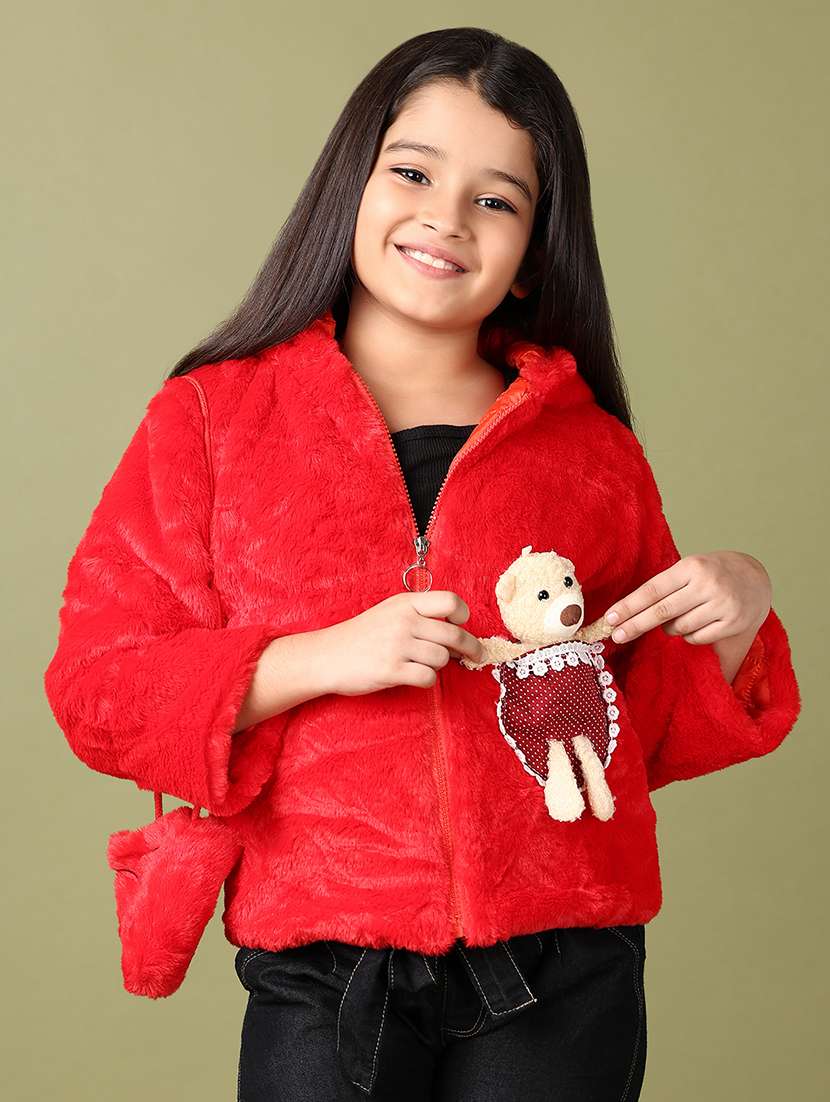 girls solid long sleeve hooded fur jacket