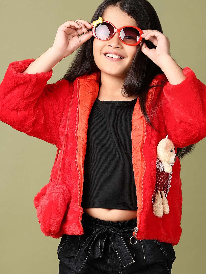 girls solid long sleeve hooded fur jacket - 21573084 -  Standard Image - 1