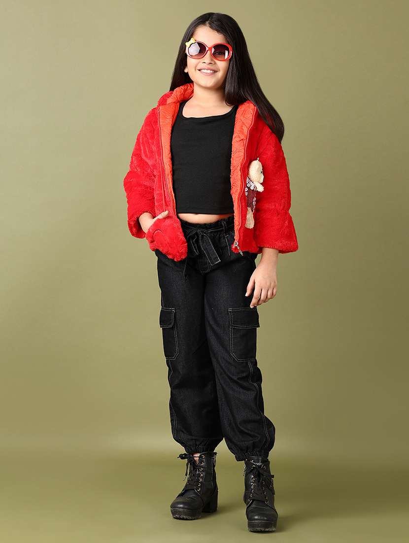 girls solid long sleeve hooded fur jacket - 21573084 -  Standard Image - 4