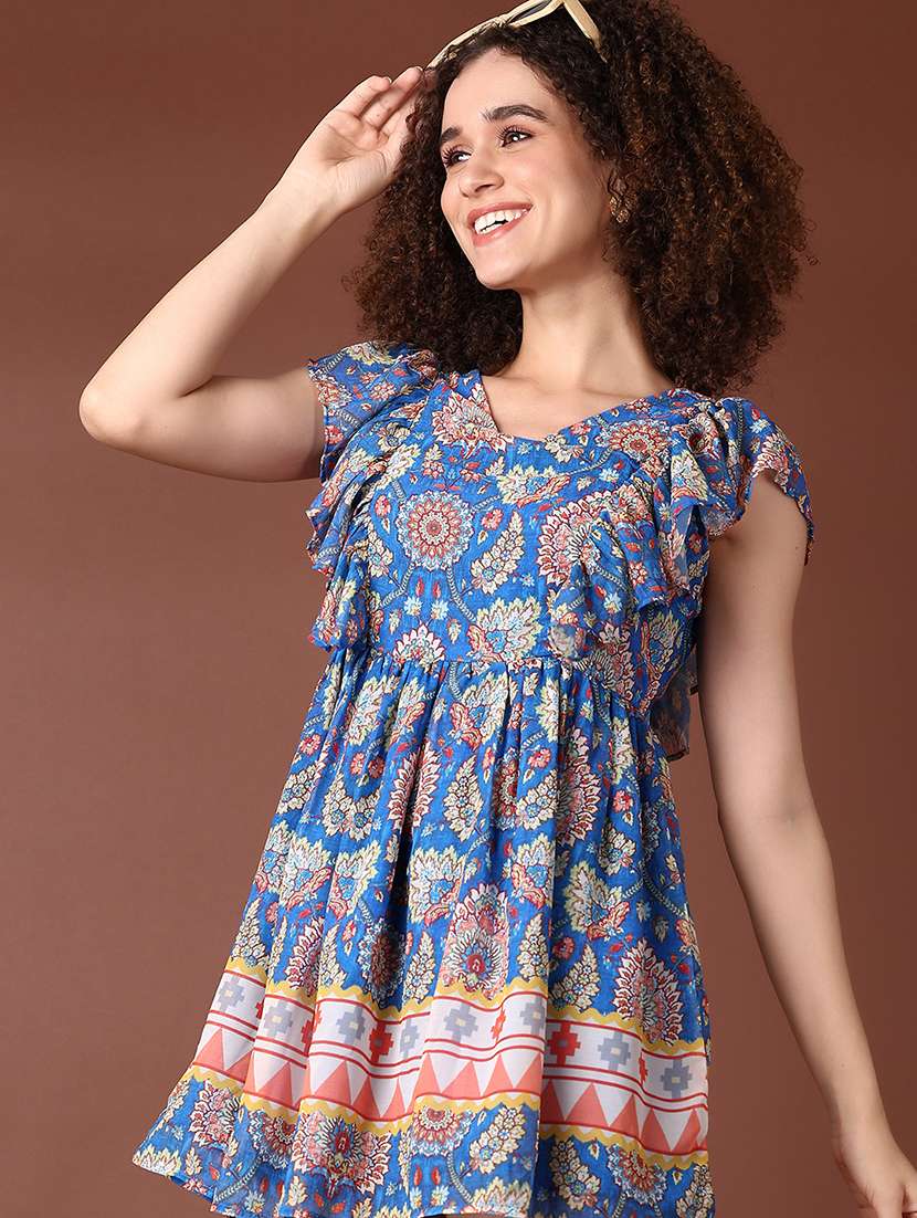 women bllue printed short sleeve fit & flare dress - 21573132 -  Standard Image - 4
