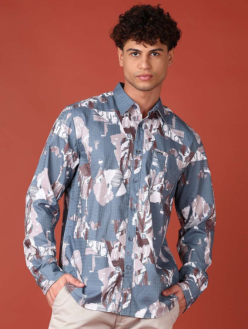 men long sleeves printed casual shirt
