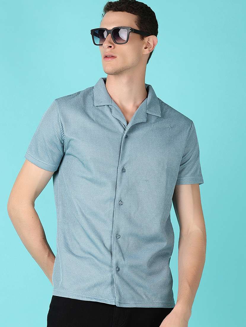 men light blue solid cuban collar casual shirt - 21573260 -  Standard Image - 1