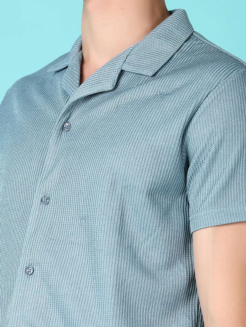 men light blue solid cuban collar casual shirt - 21573260 -  Standard Image - 4