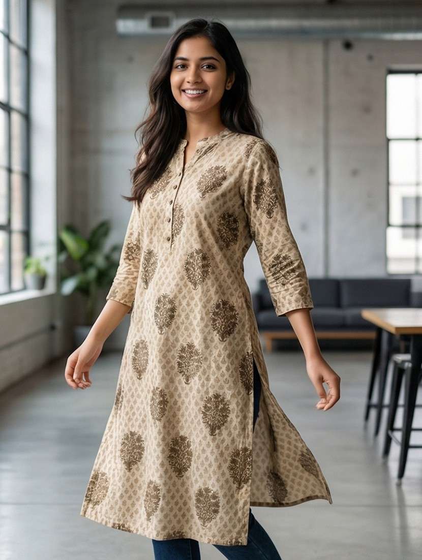 women printed three quarter sleeve straight kurta - 21573564 -  Standard Image - 1