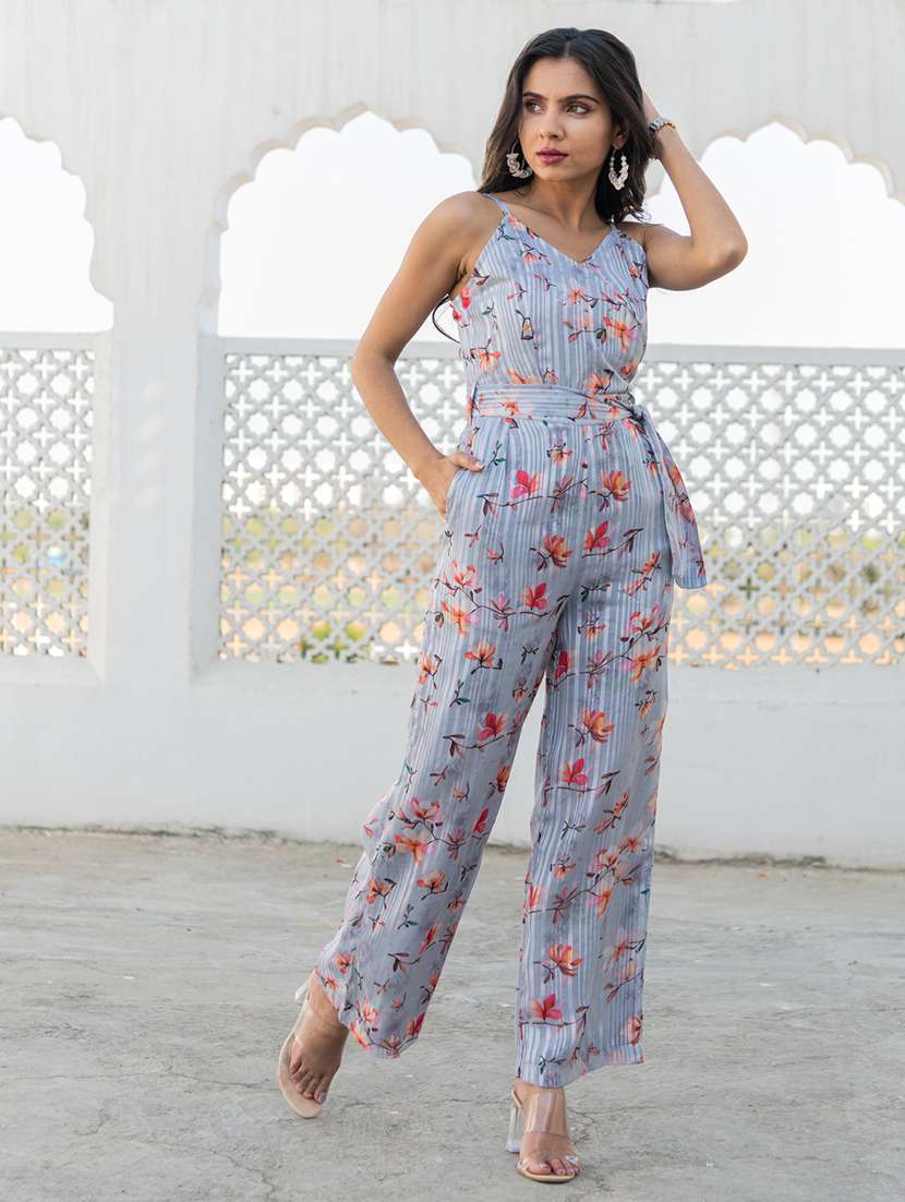 women grey floral printed shoulder strap full leg jumpsuit