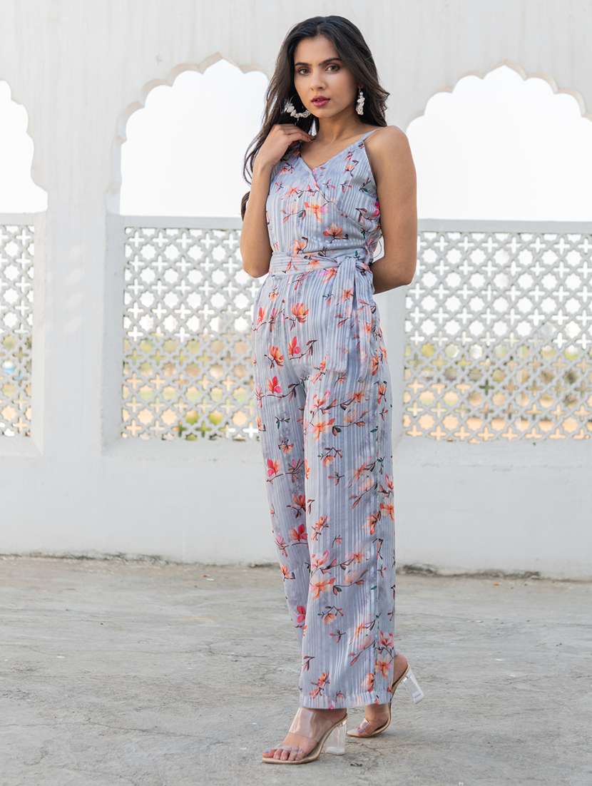 women grey floral printed shoulder strap full leg jumpsuit - 21573621 -  Standard Image - 1