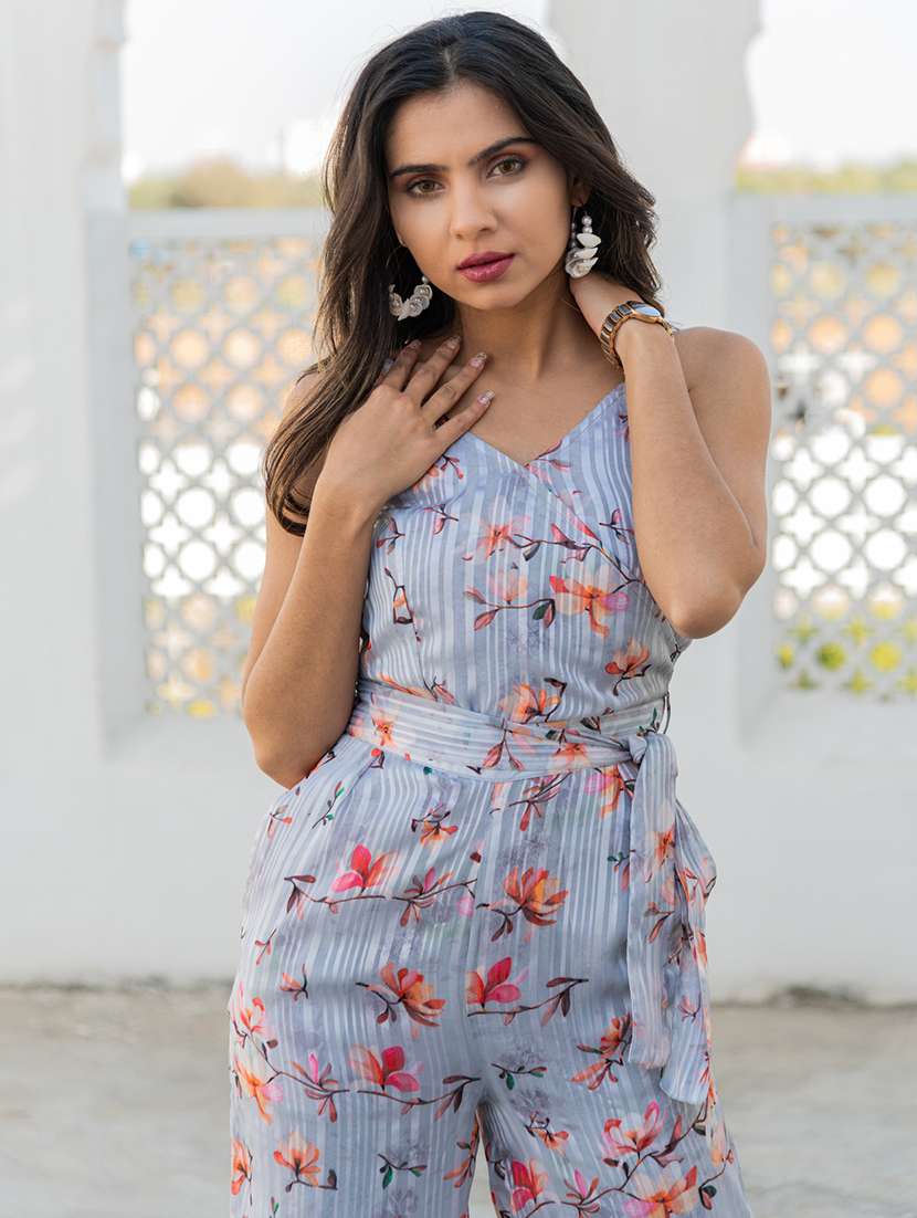 women grey floral printed shoulder strap full leg jumpsuit - 21573621 - Standard Image - 4