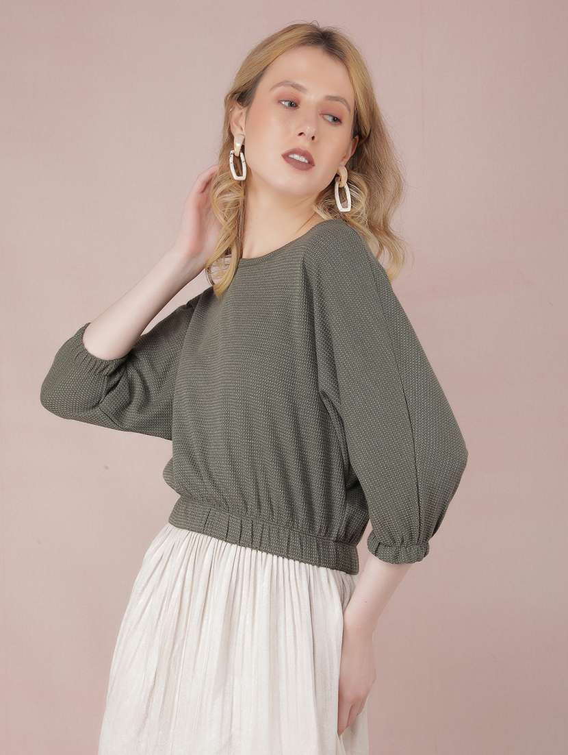 women solid three quarter sleeve crop top - 21573783 - Standard Image - 1