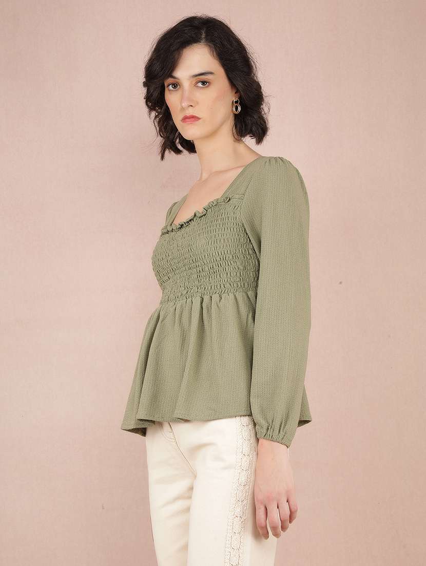 women solid smocked puff sleeve peplum top - 21573784 -  Standard Image - 1