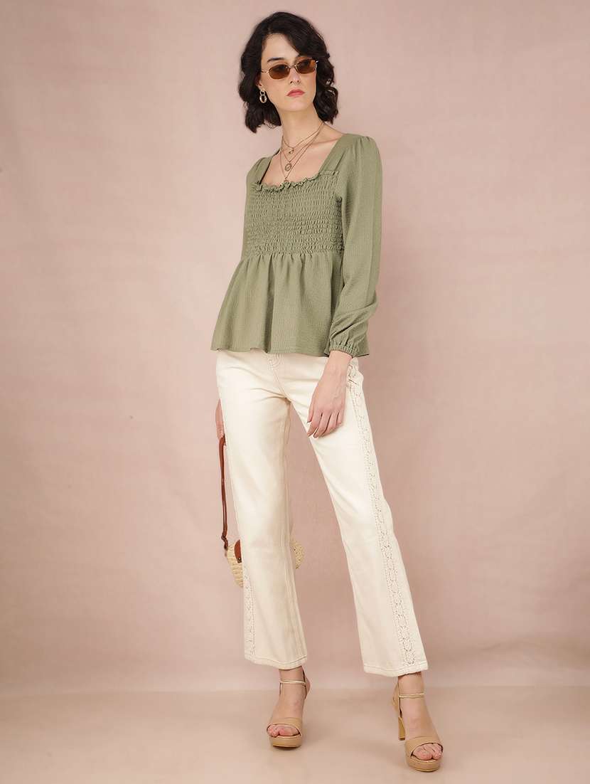 women solid smocked puff sleeve peplum top - 21573784 - Standard Image - 4