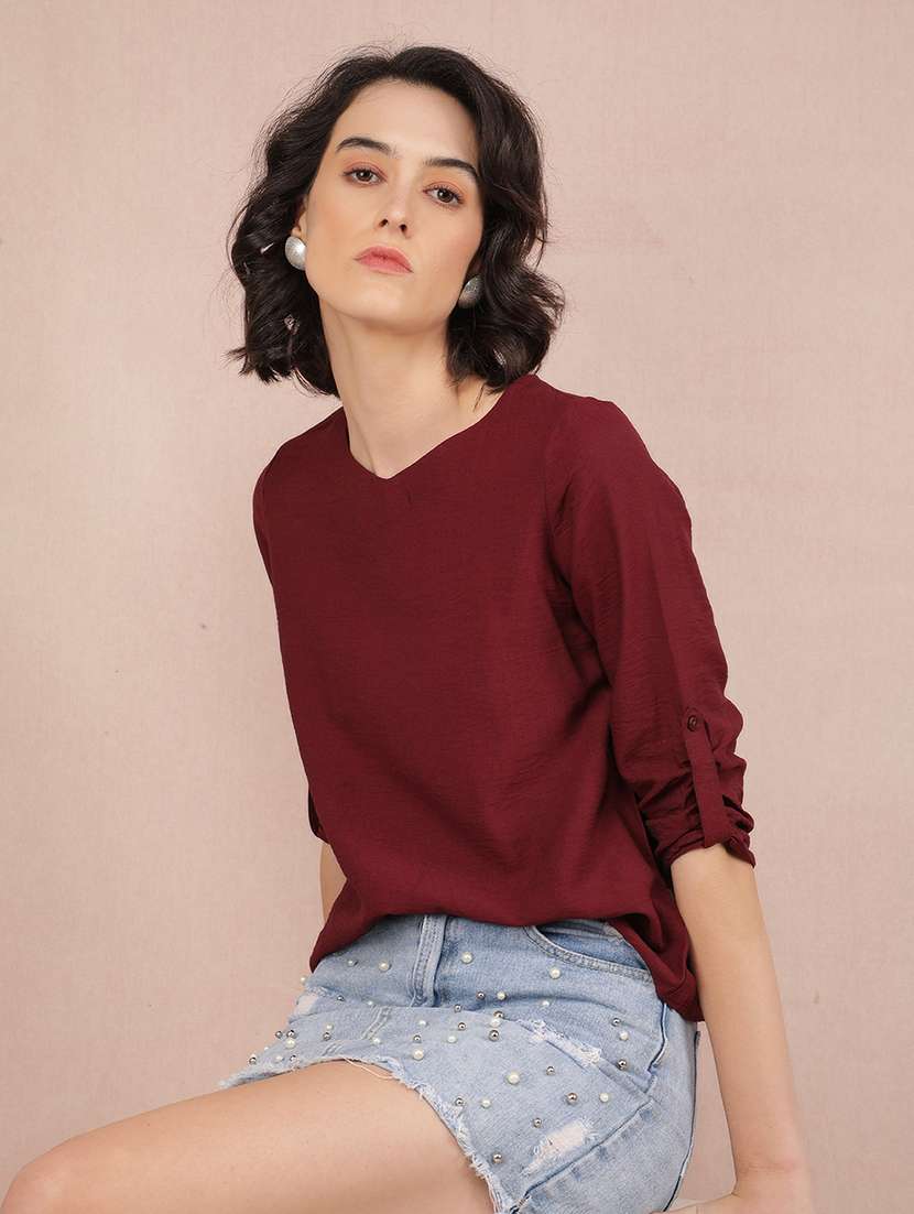 women solid v neck regular top - 21573788 - Standard Image - 1