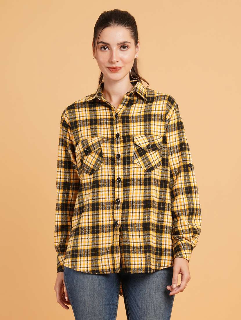 women yellow checks long sleeves oversized shirt