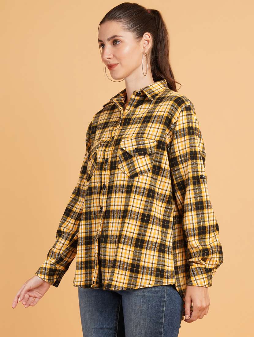 women yellow checks long sleeves oversized shirt - 21574107 - Standard Image - 1