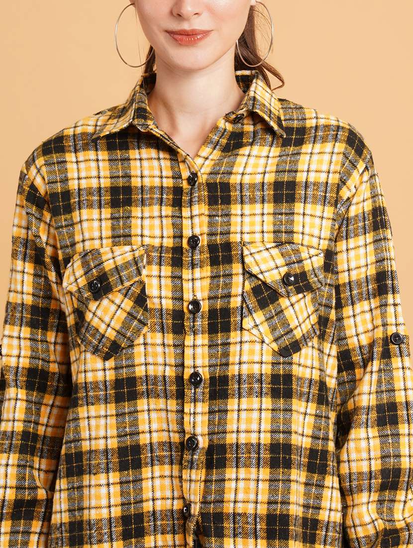 women yellow checks long sleeves oversized shirt - 21574107 - Standard Image - 4