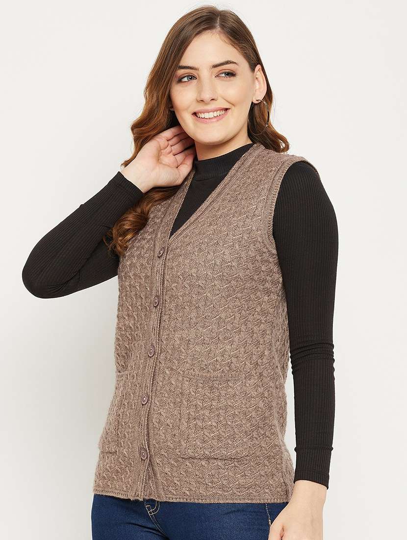 women self design sleeveless cardigan - 21574851 -  Standard Image - 1