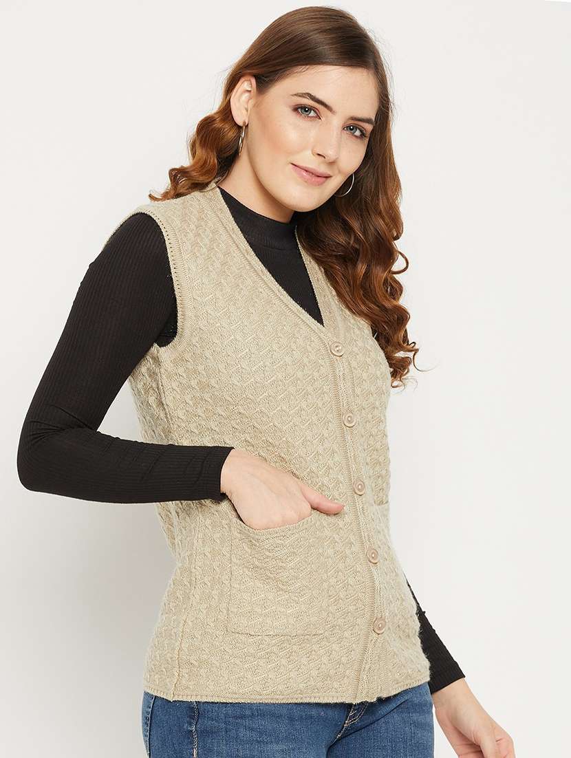 women self design sleeveless cardigan - 21574854 - Standard Image - 1
