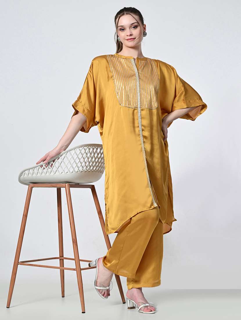 women mustard solid kurta palazzo set - 21575486 - Standard Image - 1