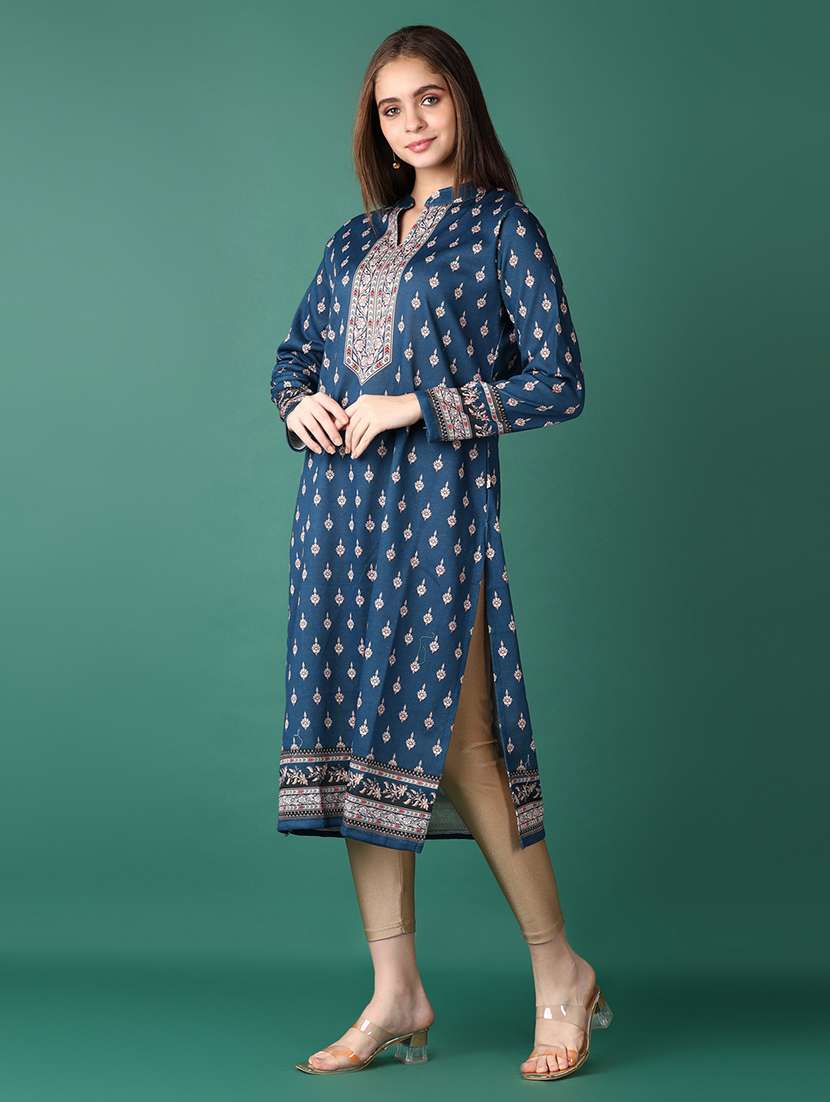 women mandarin neck printed woolen kurta - 21575528 -  Standard Image - 1