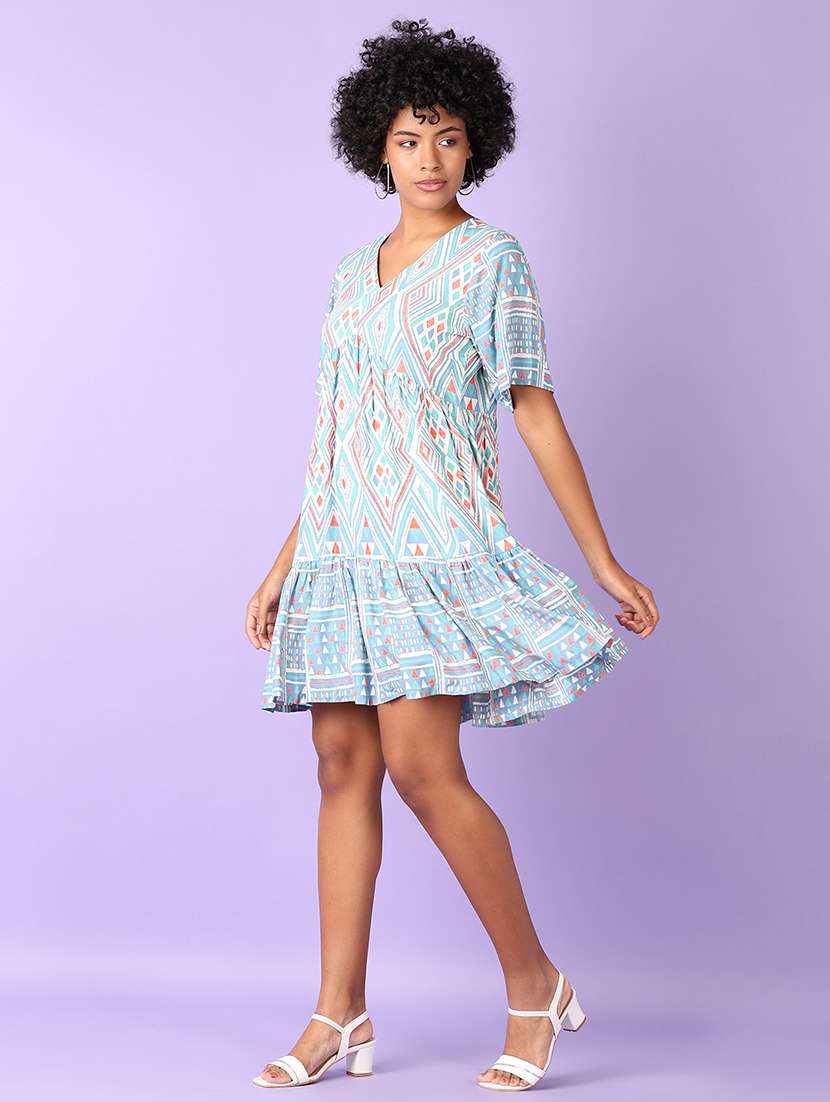 women light blue printed v neck tiered dress - 21575582 -  Standard Image - 1