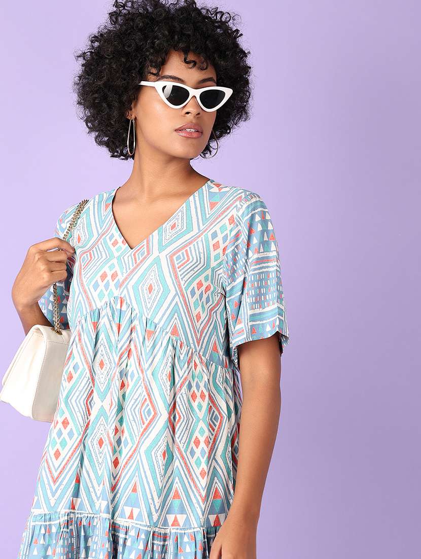 women light blue printed v neck tiered dress - 21575582 -  Standard Image - 4