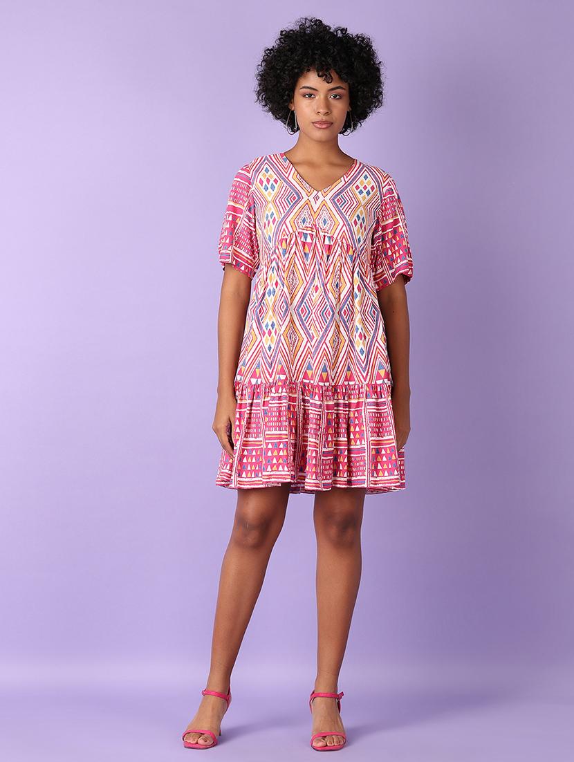 women pink printed v neck tiered dress - 21575583 -  Zoom Image - 0