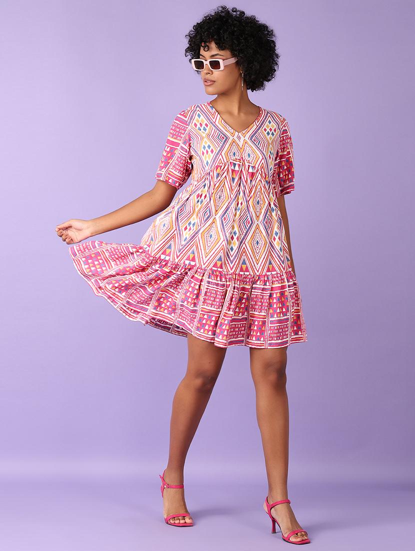 women pink printed v neck tiered dress - 21575583 -  Standard Image - 1
