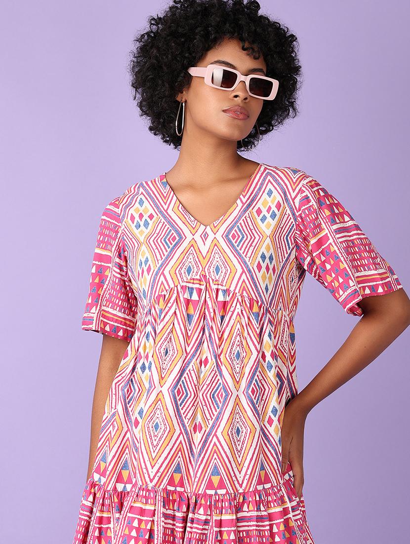 women pink printed v neck tiered dress - 21575583 - Standard Image - 4