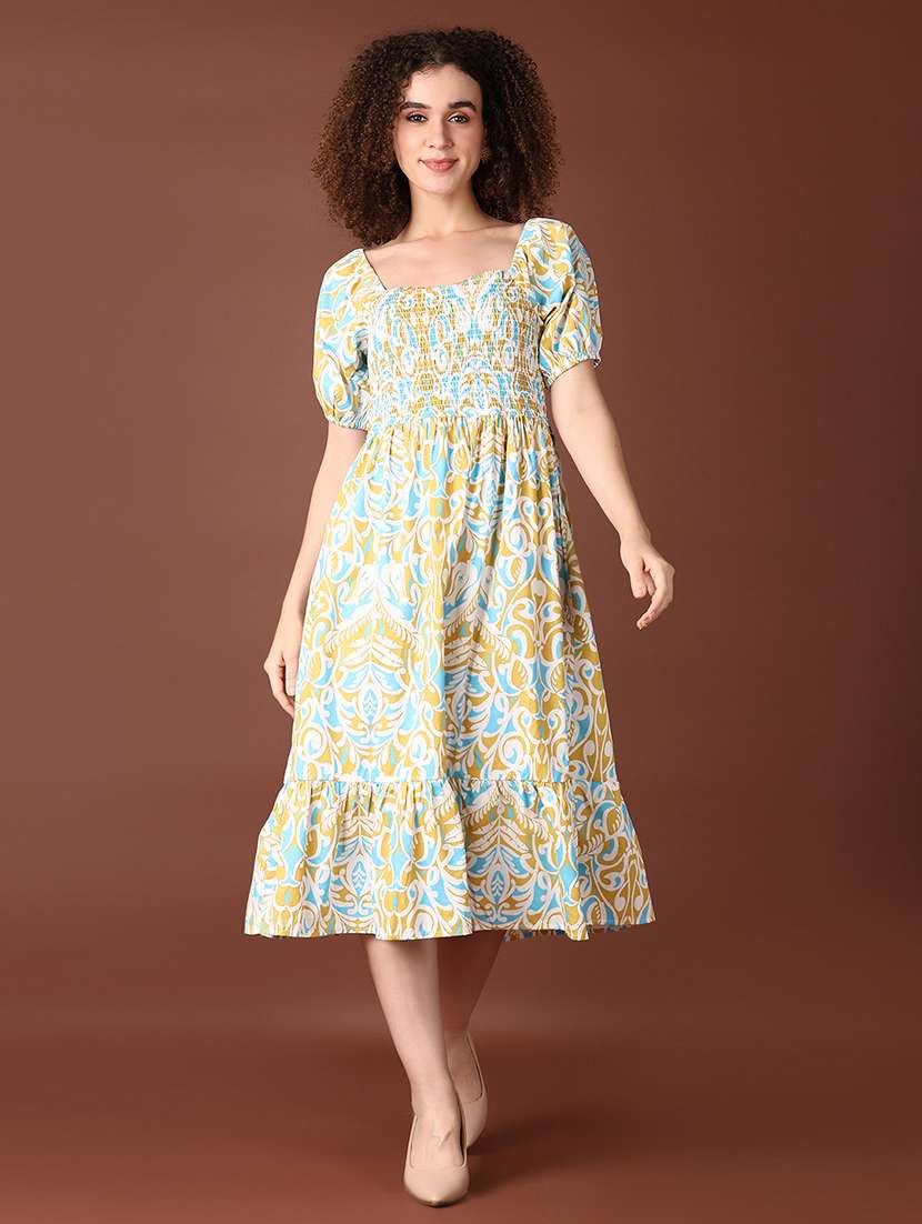 women blue printed short sleeve fit & flare dress - 21575584 -  Standard Image - 1