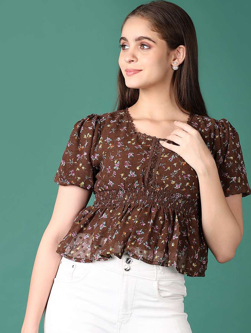 women brown floral printed puff sleeve top - 21575597 -  Standard Image - 1