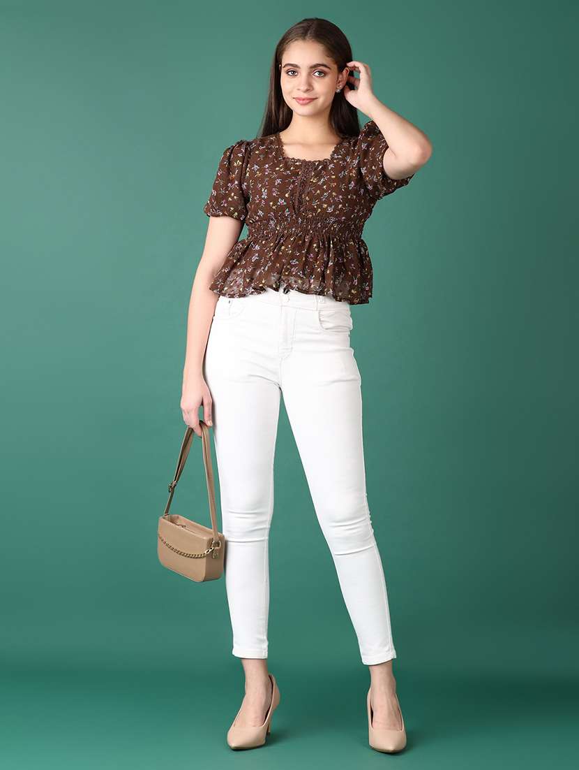 women brown floral printed puff sleeve top - 21575597 -  Standard Image - 4