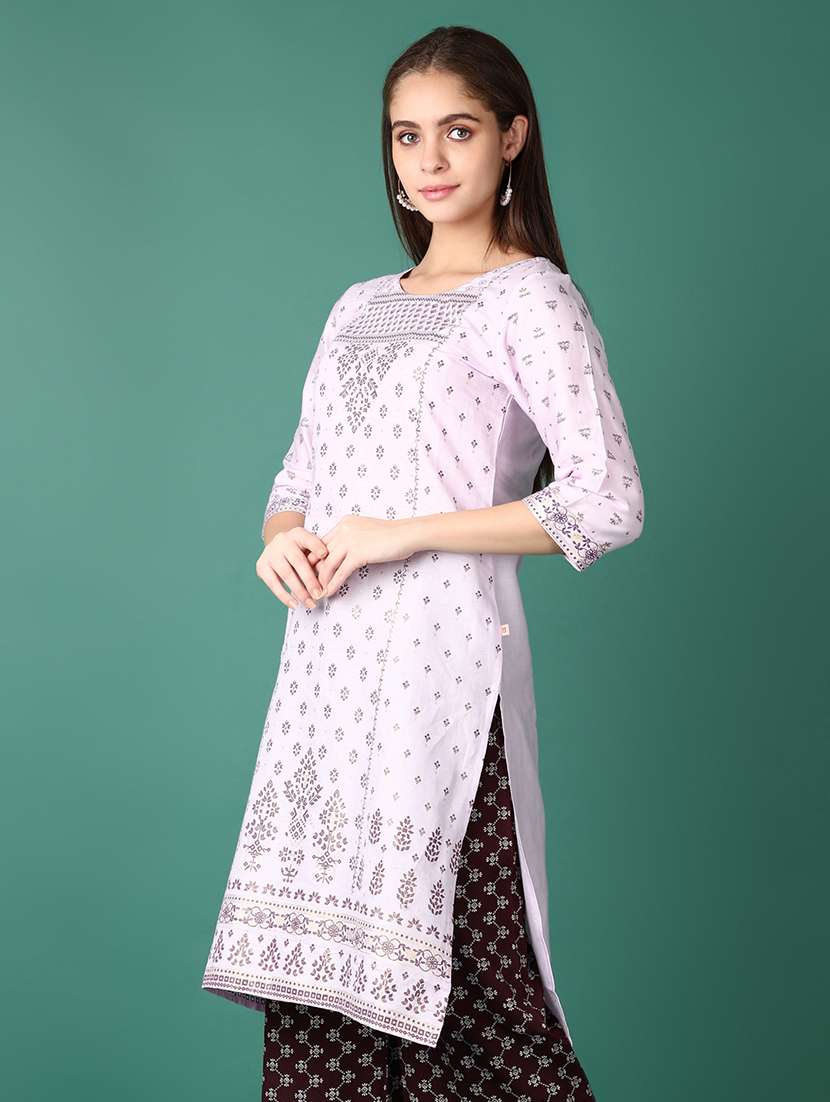 women geometric three quarter sleeve straight kurta - 21575612 -  Standard Image - 1