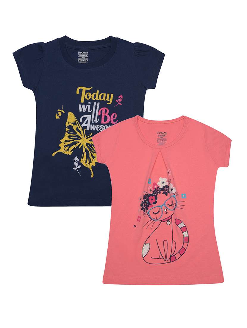 girls pack of 2 front print round neck t-shirt