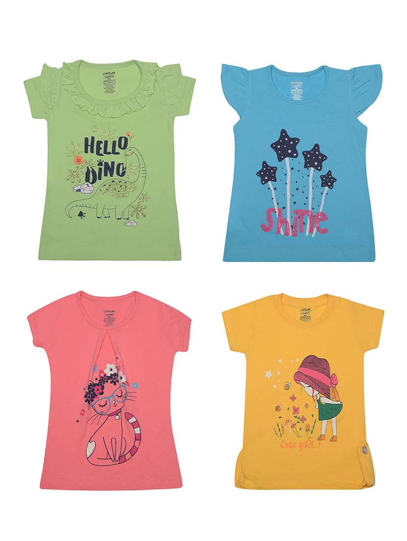 girls pack of 4 front print round neck t-shirt