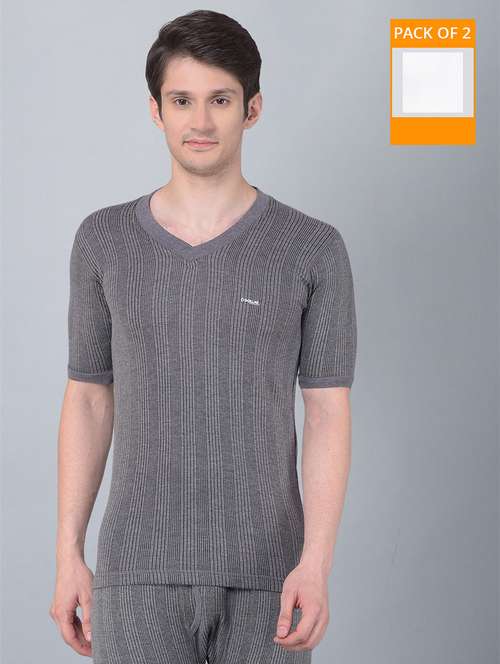 men pack of 2 solid v neck half sleeve thermal top