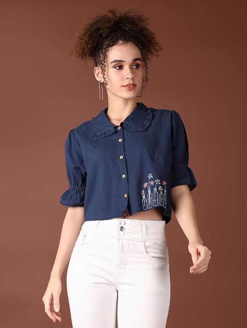 women blue embroidered crop top - 21578491 - Standard Image - 0