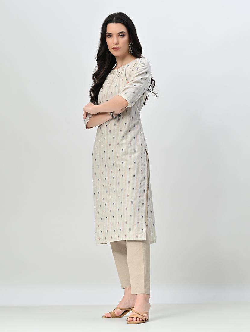 women beige three quarter sleeve kurta pant set - 21578648 - Standard Image - 1